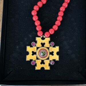 Heidi Daus Maltese Cross Necklace Orange Yellow Red Beaded Enameled Box Warranty